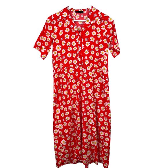 WEDNESDAYS GIRL Womens Red Daisy Boho Print Button Up Maxi Short Sleeve Dress - Picture 1 of 8